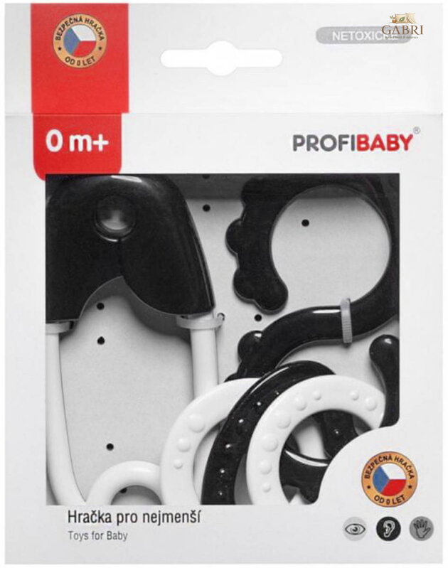 PROFIBABY Baby chrastítko špendlík + osmička ČB v krabici pro miminko plast