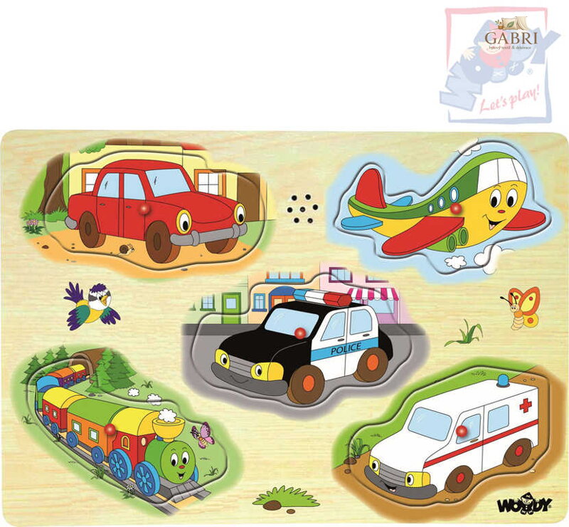 WOODY DŘEVO Puzzle muzikální dopravní prostředky zvukové set 5 dílků