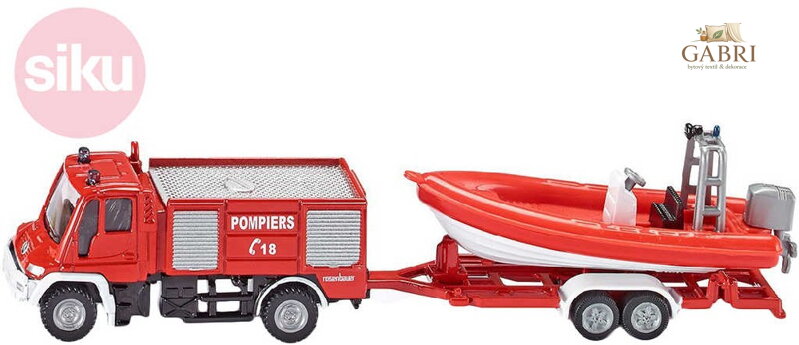 SIKU Auto hasiči Unimog s přívěsem s člunem 1:87 kovové 1636