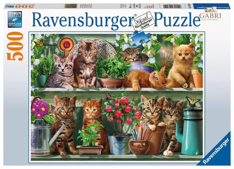 RAVENSBURGER Puzzle Kočky na poličkách mezi květinami 500 dílků