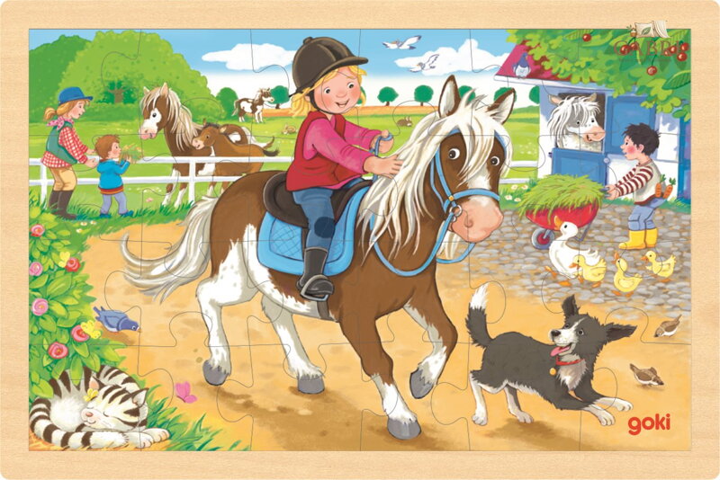 GOKI Dřevěné puzzle Farma s poníky 24 dílků