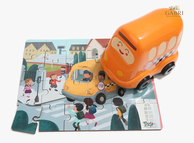 TOP BRIGHT Dřevěné puzzle s hračkou: Školní autobus 24 dílků