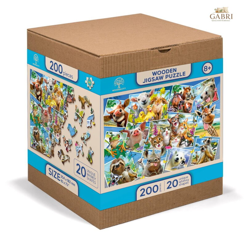 WOODEN CITY Dřevěné puzzle Zvířecí pohlednice 2v1, 200 dílků EKO
