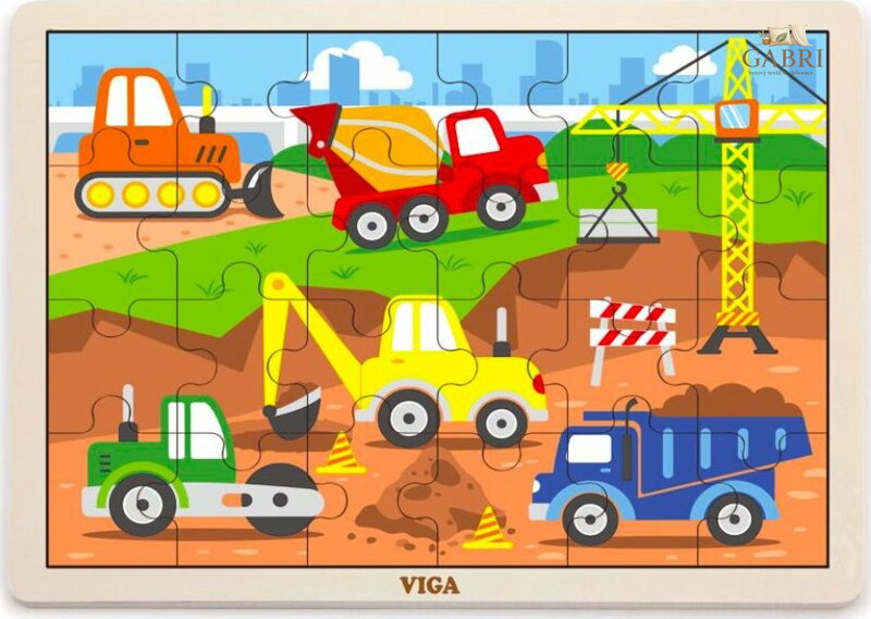 VIGA Dřevěné puzzle Stavební stroje 24 dílků