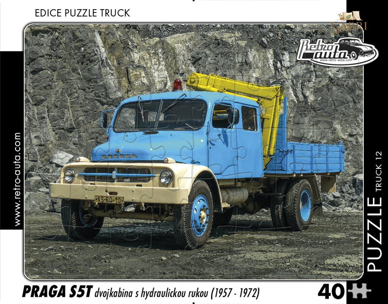 RETRO-AUTA Puzzle TRUCK č.12 Praga S5T dvojkabina s hydraulickou rukou (1957-1972) 40 dílků