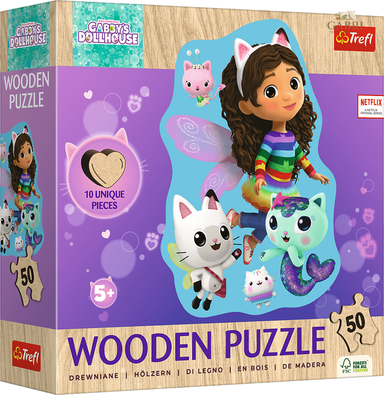 TREFL Dřevěné obrysové puzzle Gábinin kouzelný domek: Veselá Gábinka 50 dílků
