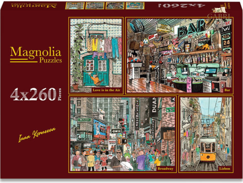 MAGNOLIA Puzzle Láska ve vzduchu, Retro bar, Broadway, Uličky Lisabonu 4x260 dílků