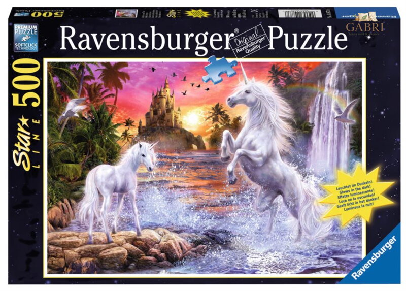RAVENSBURGER Svítící puzzle Jednorožci u řeky 500 dílků