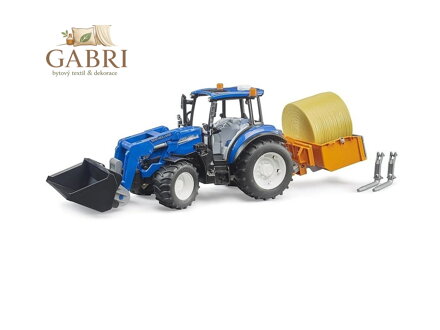 Bruder Traktor New Holland T5.120 s čelním nakladačem, korbou, vidlemi a kulatým balíkem