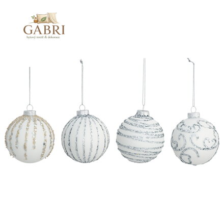 Vánoční koule - sklo, 80mm, bíla se stříbrnýmii aplikacemi, mix / 1ks