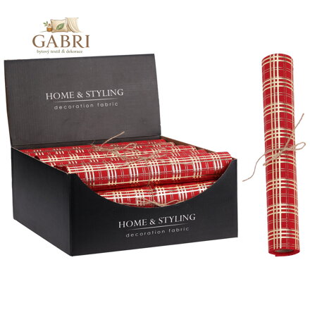 Organza látková 28x270 cm - červená, vzor káro zlaté barvy