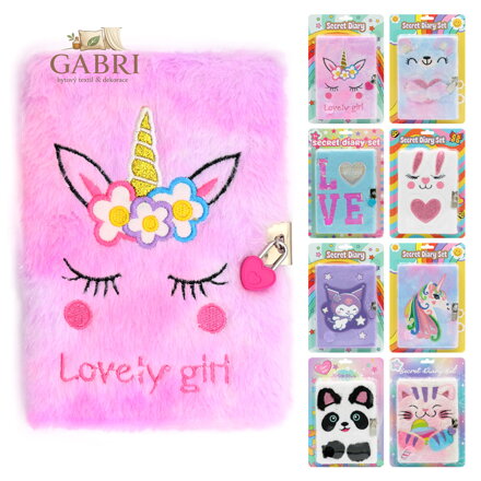 Zápisník linkovaný A5 s plyšovou obálkou a zámkem (mix 8 designů)