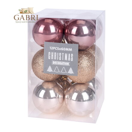 Vánoční koule - PP 60 mm / růžově zlaté, sada 12ks