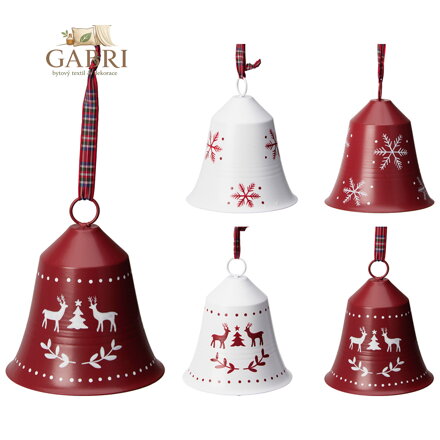 Vánoční zvonek se stuhou, kovový, 15 cm (mix vzorů a barev /cena za 1 ks)