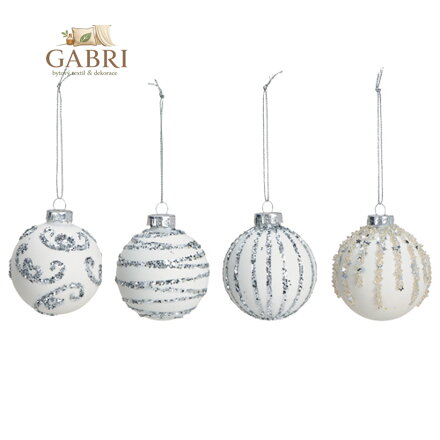 Vánoční koule - sklo, 60mm, bíla se stříbrnýmii aplikacemi, mix / 1ks