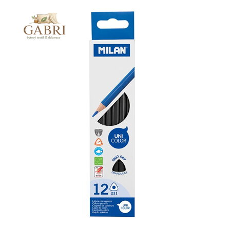 Pastelky MILAN Ergo Grip trojhranné 12 ks, Black