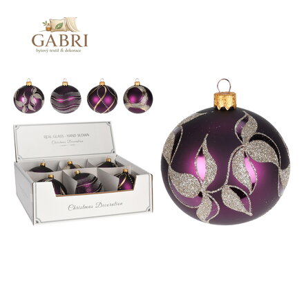 Vánoční skleněná koule 10 cm - ručně foukaná, fialová ve 4 designech
