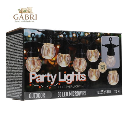 Párty osvětlení - řetěz 10 LED žárovek, teplá bílá, délka 7,5 m