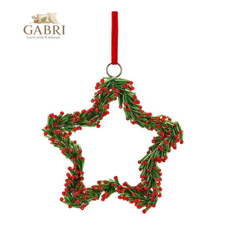 Skleněný vánoční věnec 14 cm na zavěšení, zeleno-červená hvězda