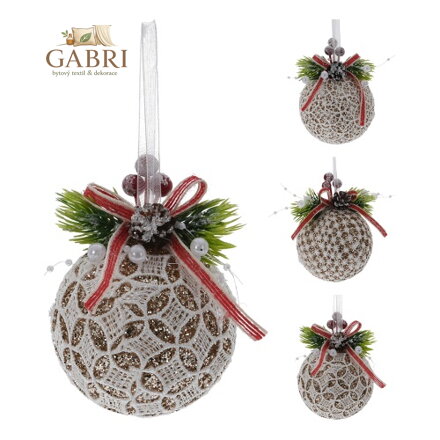 Vánoční koule 8 cm krajková se stuhou, zlaté třpytky, mix/1ks