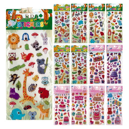 Samolepky pěnové 3D na blistru (mix designů zvířátka, Happy Birthday)