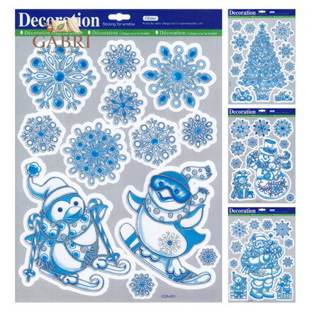 Adhezní nálepky vánoční 30 x 38 cm / stříbrný glitter (mix / cena 1 bal.)