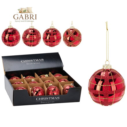 Vánoční koule 80 mm červená, třpytivá (mix 4 vzorů, cena /1 ks)