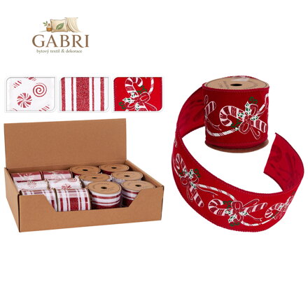 Dekorační stuha 63x2700 mm červená/bílá (mix 3 vzorů, cena /1 ks)