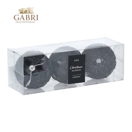 Vánoční koule 80 mm - černé s flitry (sada 3 ks)