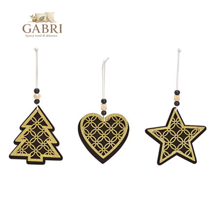 Dekorace závěsná - Vánoční motivy dřevěné 12 cm černo-zlaté, mix / 1ks