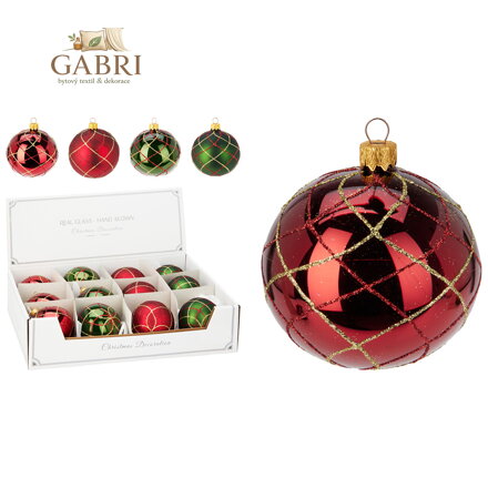 Vánoční koule 80 mm, třpytivý zlatý dekor (mix 4 barev, cena /1 ks)