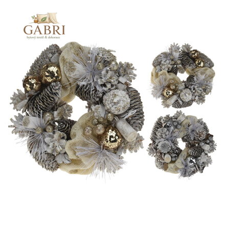 Dekorace - Věnec se šiškami 25 cm, zlatý, mix / 1ks