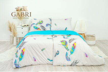 Ložní povlečení bavlněné Stanex peří tyrkysové (LS218), 140 x 220 + 90 x 70, Knoflíkové