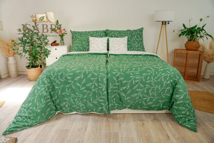 Ložní povlečení krepové Stanex zelené lístky (LS413), 140 x 200 + 90 x 70, Knoflíkové