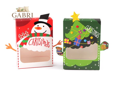 Vánoční dárková krabička s průhledem sněhulák, strom