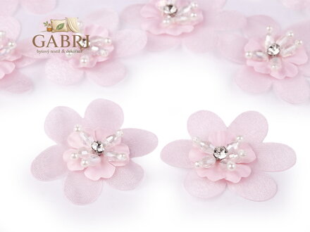 Květ s broušeným kamínkem a korálky k našití a nalepení Ø4,5 cm