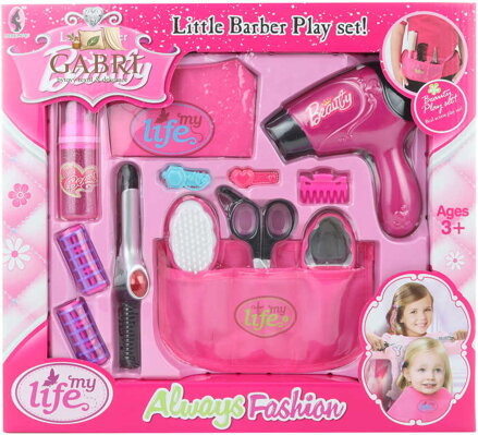 Kadeřnice dětský herní set s fénem a doplňky na baterie v krabici