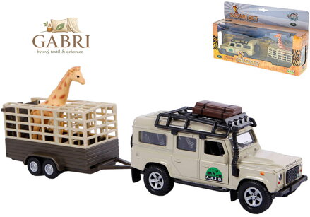 Auto kovové Land Rover Defender zpětný chod Safari set s přívěsem a žirafou