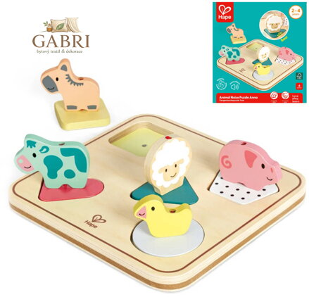 HAPE DŘEVO Puzzle baby vkládací Zvířátka 5 dílků na baterie Zvuk