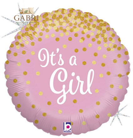 GRABO Balónek nafukovací růžový Je to holka! 46cm fóliový se zlatými konfetami