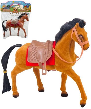 Kůň fliškový se sedlem a otěžemi 21cm dlouhá hříva flíska