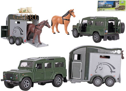 KIDS GLOBE Horses auto Land Rover set s přívěsem a koňmi zelený PB kov
