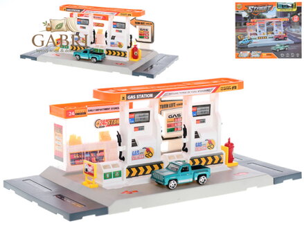 Stavebnice benzinová stanice set 24 dílků s autem volný chod plast