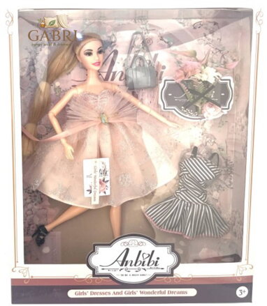 Panenka Anbibi růžové šaty dlouhé vlasy s culíkem set s doplňky