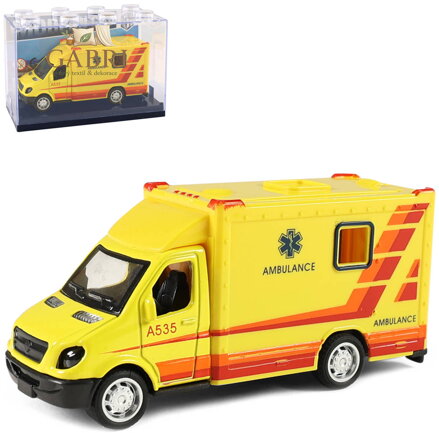 Auto sanitka kovová žlutá ambulance zpětný chod v plastovém boxu