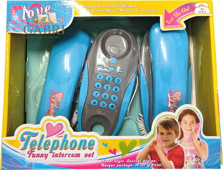 Telefony dětské pokoj-pokoj šedo-modré 2ks drátové na baterie Zvuk