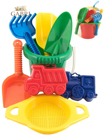 LORI 219 Pískový set kyblík se sítkem se 4 nástroji a bábovičkami 3 barvy