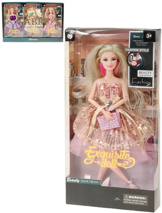 Panenka blondýnka plesové šaty se třpytkami s kabelkou dlouhé vlasy