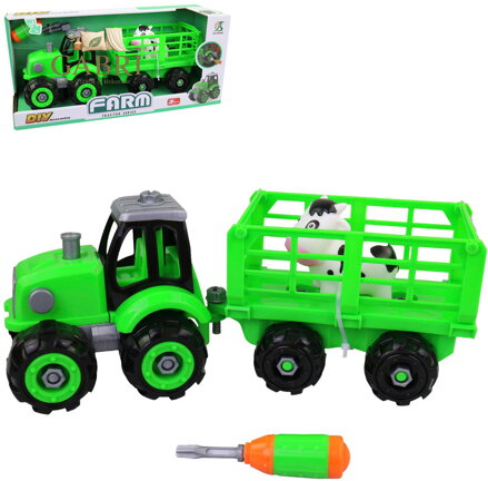 Traktor šroubovací s vlečkou montážní set s nástrojem a zvířátkem na baterie