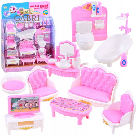 Nábytek růžovobílý doplněk do domečku pro panenky set 15ks plast